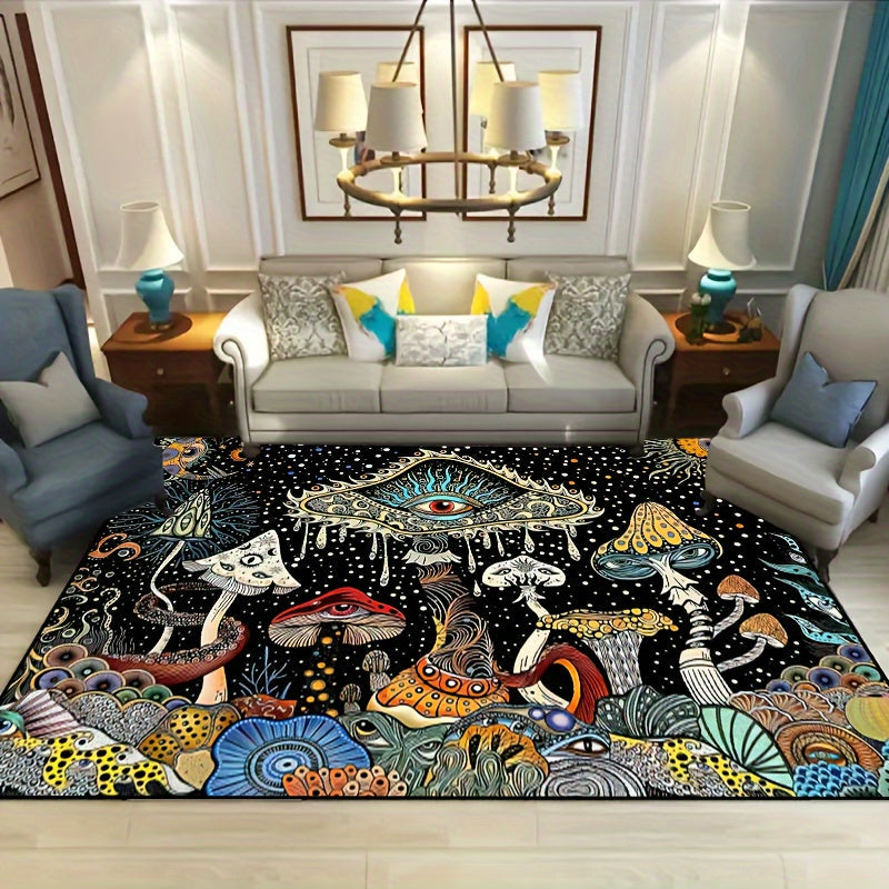 Non-slip, waterproof machine-washable polyester mat featuring a whimsical octopus and mushroom eyes design. Ideal for living room, bedroom, nursery, and outdoor spaces.