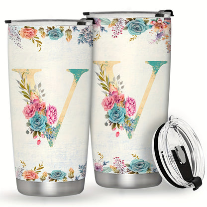 20oz Stainless Steel Tumbler with Initial Monogram, Floral Design, Leak Proof Lid, Perfect for Outdoor Activities, Great Gift for Holidays.