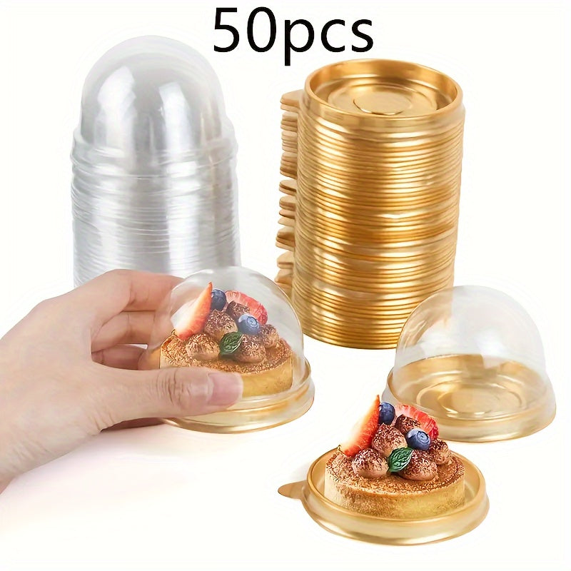 Set of 50 Mini Cupcake Holders - 7.62cm Golden & Clear, Made of BPA-Free PET Plastic, Round Dome Party Favor Boxes with Snack Display Option