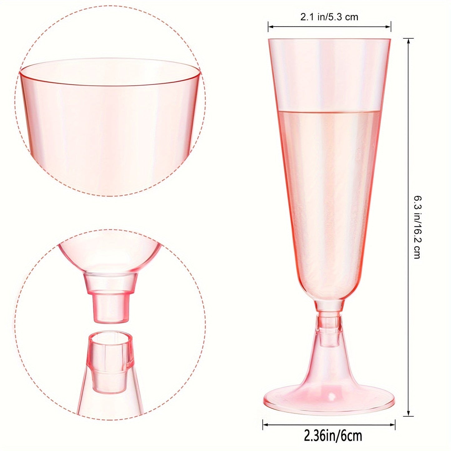 25 pieces of plastic clear disposable champagne flutes, including crystal pink champagne flutes. These cocktail cups and plastic glasses are perfect for weddings, picnics, gatherings, and parties. Get yours now for all your party supply needs!