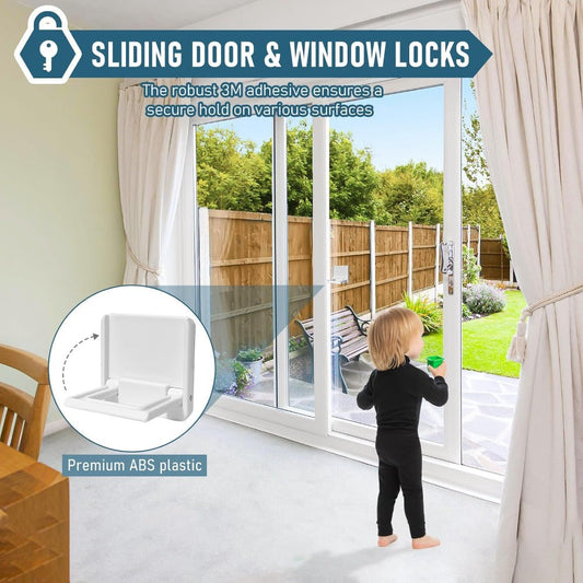 Childproof Sliding Door/Window Locks - Protect Your Pets too! - Reliable Security for Glass Doors, Windows, Closets - Quick and Simple Installation, No Electricity Required - Set of 2 in White