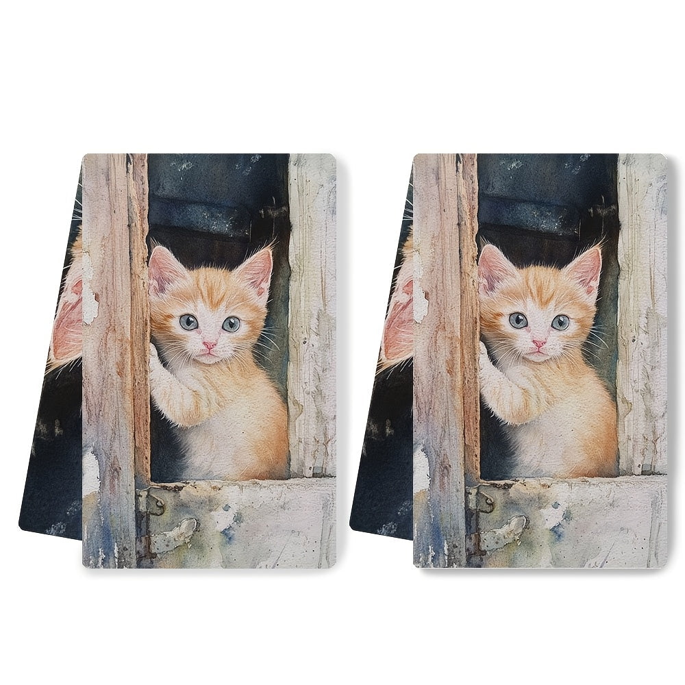 This kit includes 2 ultra-soft kitchen towels with a gentle meow from a kitten wanting to come inside. These highly absorbent dish and hand towels are ideal for holiday decoration, machine washable, and measure 40.64x60.96 cm.