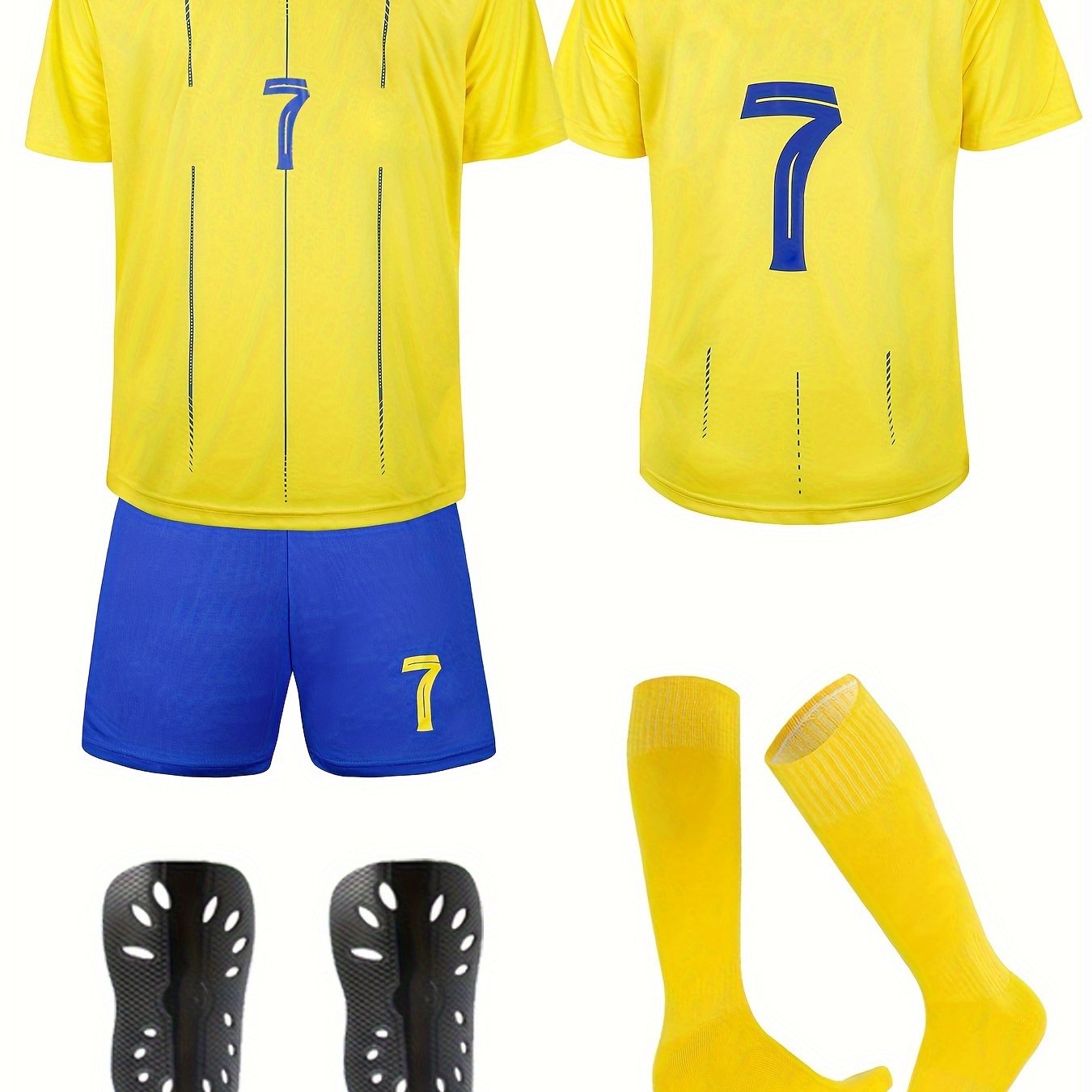 Football kit set comes with 4 pieces including jersey, shorts, socks, and protective gear.