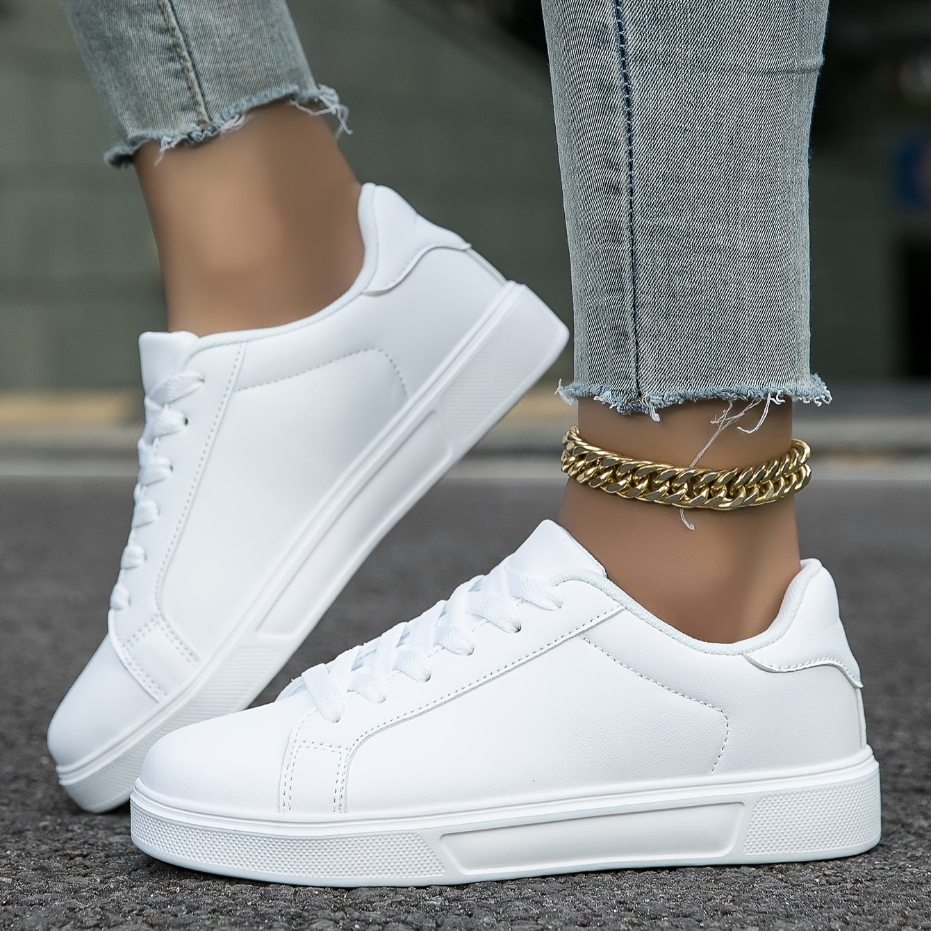 Women's white casual sneakers with lightweight design, soft EVA sole, and lace-up style - perfect for students and travel.