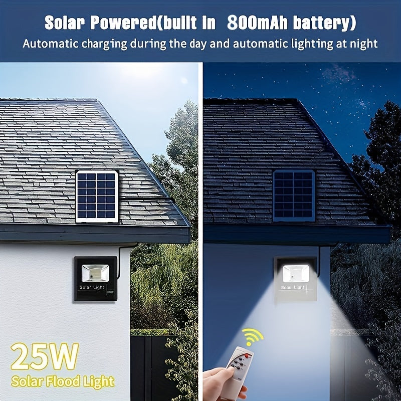 Solar floodlight with remote control, adjustable spotlight, automatic on/off LED light for outdoor safety from dusk to dawn in yards, gardens, pavilions, sheds, barns, and garages.