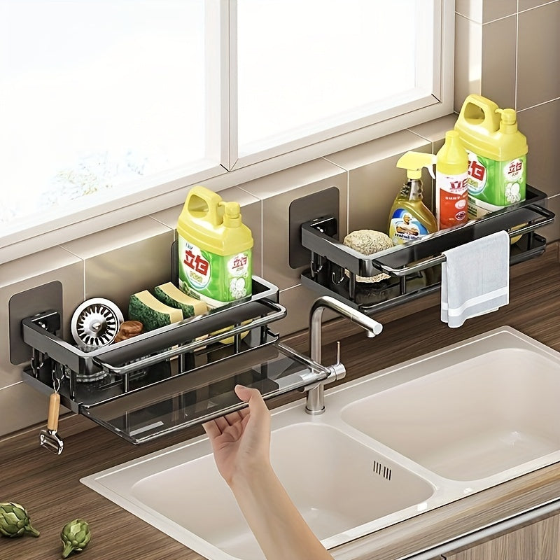 Space-saving kitchen and bathroom sink organizer with towel rack available - Made of durable plastic and metal. This multi-functional wall-mounted storage solution is perfect for sponges, soap, and cleaning tools. Includes drainage slots and under sink