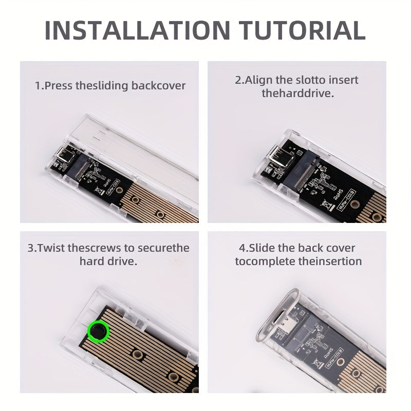 Clear USB Type C enclosure for M.2 NVME SSD with 10Gbps transfer speed.