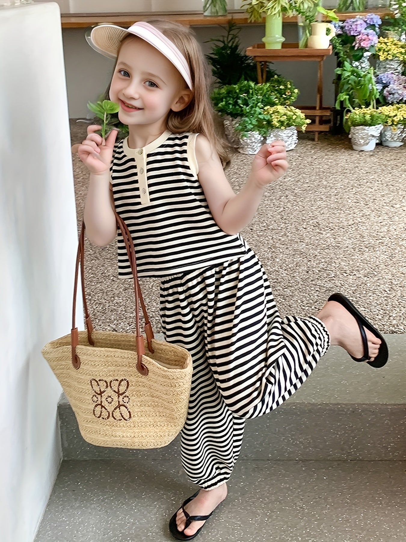 2-piece set for girls featuring a striped sleeveless top with front buttons and crop pants. Perfect sporty and trendy holiday gift for summer, suitable for outdoor activities.