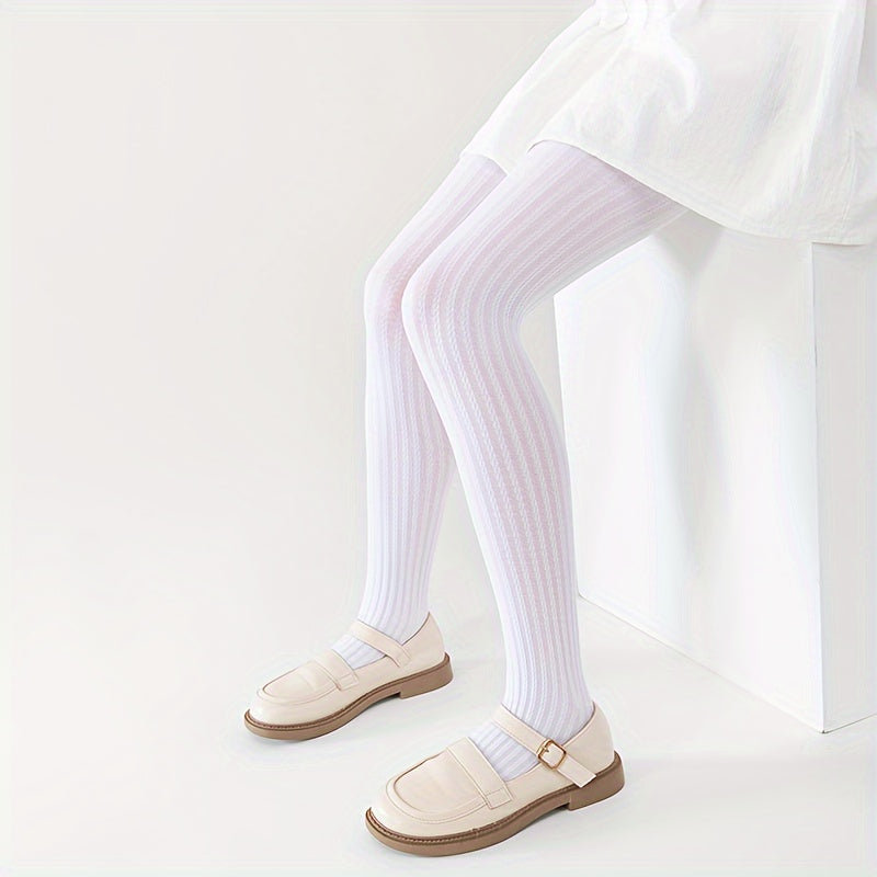 3 pairs of girl's solid color stripe textured pantyhose, comfy, slim, and versatile for all seasons, a creative gift.