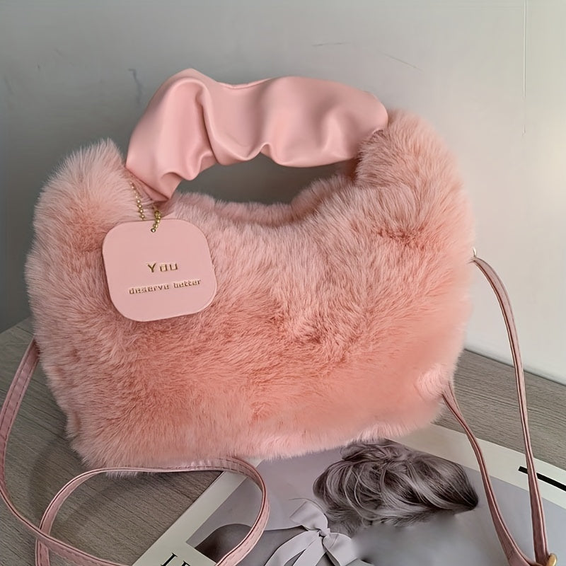 Stylish faux fur crossbody bag with zip closure, ideal for daily use.