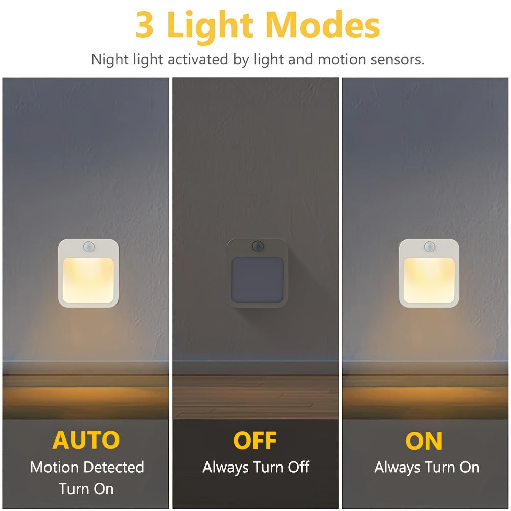 Plug-in LED motion sensor night light with dimmable feature and auto dusk to dawn sensor for various rooms.