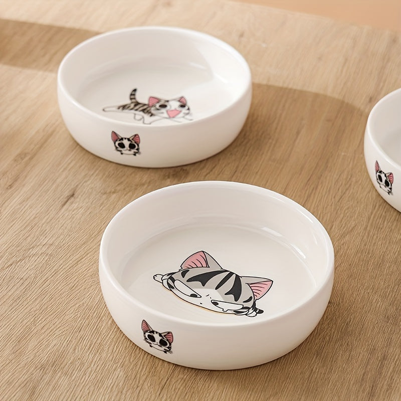 Cute cartoon cat print ceramic pet bowls for cats and dogs, non-slip, durable, ideal for all cat breeds