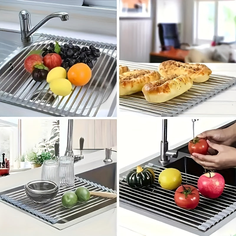 Stainless Steel Roll-Up Dish Drying Rack for Sink - Portable Drainer and Storage Rack with Non-Slip Silicone Edges, Foldable Utility Rack for Kitchen Tools, Includes Sink Grid Mat