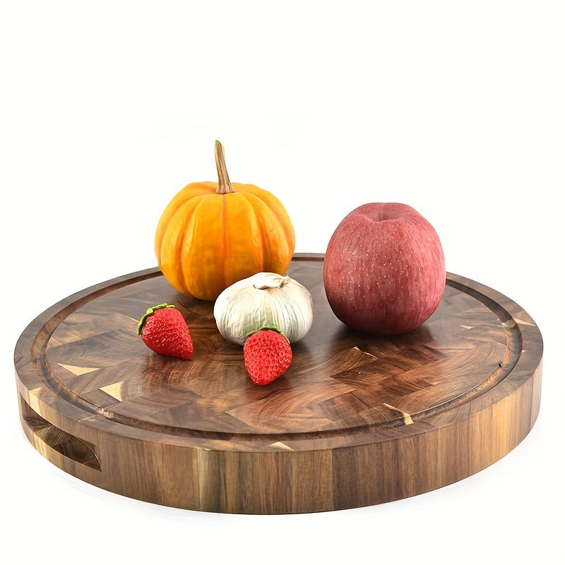 Round Acacia Wooden Serving Board - Durable Solid Wooden Cutting Board for Chopping Meat, Vegetable, Steak, and Fruit - Kitchen Household Essential - Food Supplement Serving Board and Fruit Cutting Pad - Kitchen Supplies