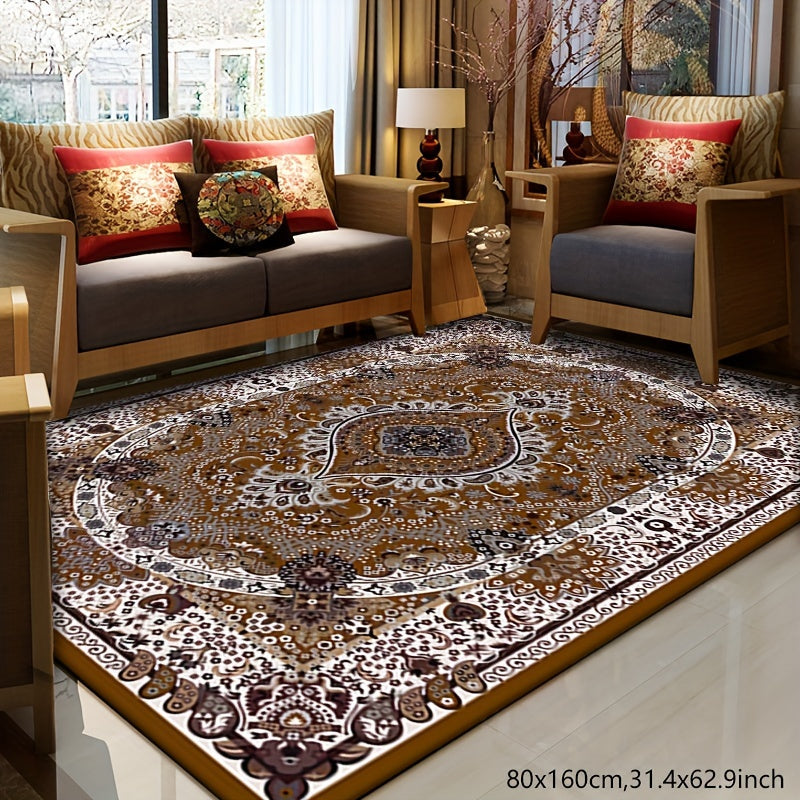 Retro Persian Carpet, Bohemian Area Rug, Ethnic Style, Water Absorbent, Stain Resistant, Ideal for Home or Hotel, Non-Shedding Living Room Accent Rug, Cute Aesthetic Home Decor