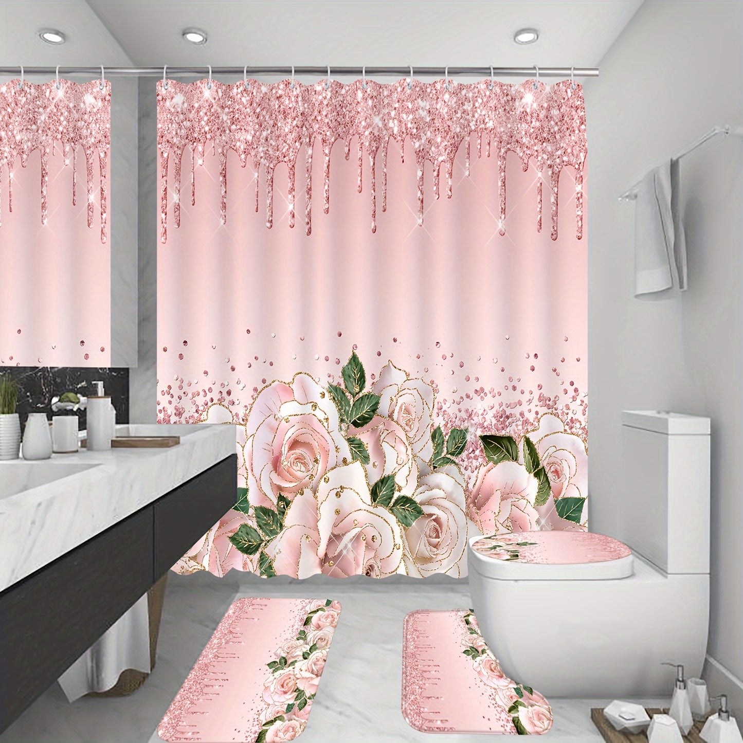 Set of 4 pink rose shower curtains with glitter, includes waterproof curtain, rug, u-shape mat, toilet lid cover, and 12 hooks.