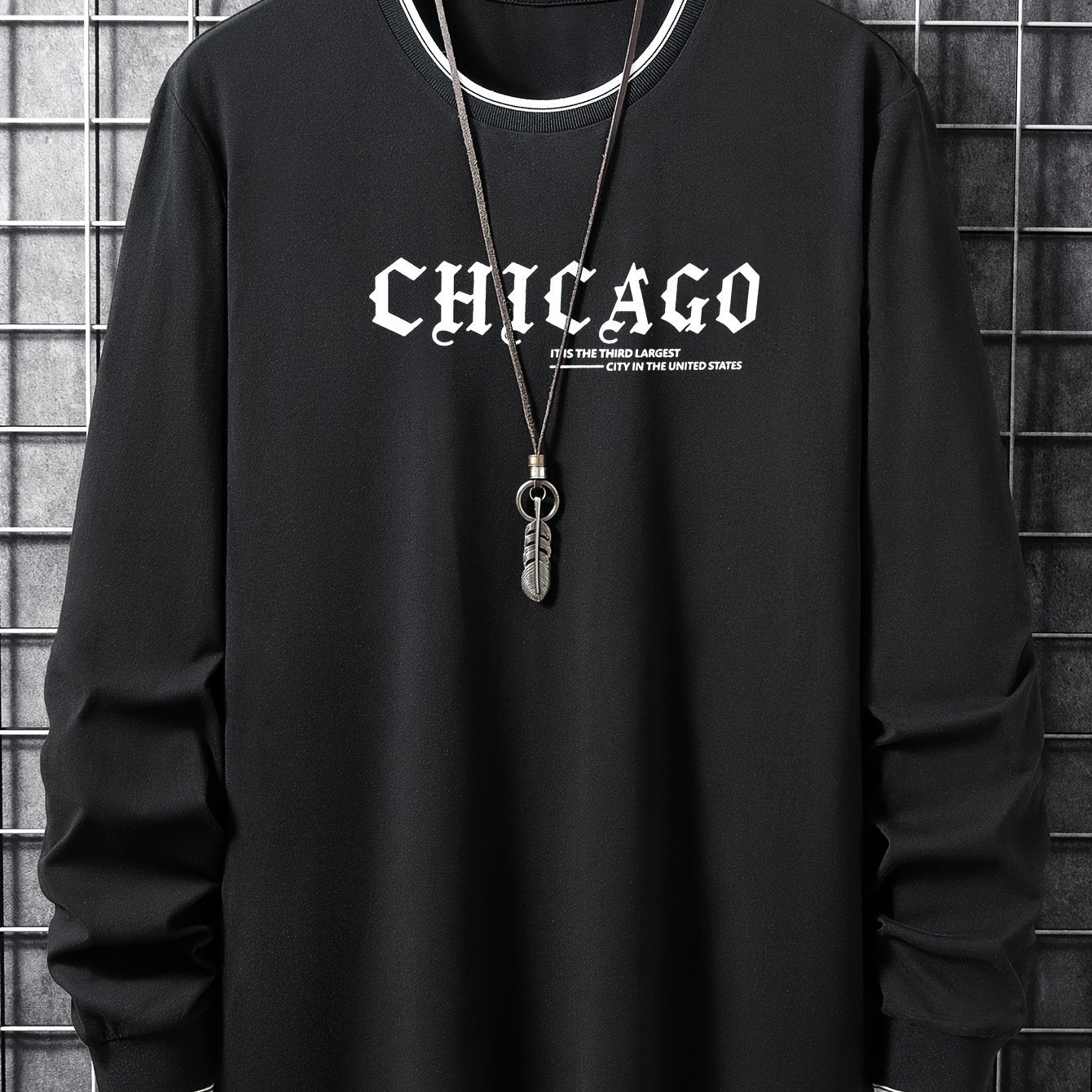 Chicago Printed Men's Street Daily Long Sleeve High Stretch T-shirt, Spring Fall Outdoor, Men's Clothing