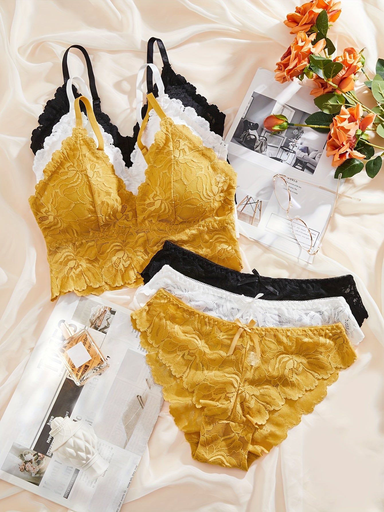 3 lingerie sets featuring lace contrast bras and panties, wireless bras with bow tie panties, and women's lingerie and underwear.