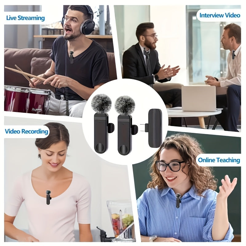 Wireless Lavalier Microphone for Type-C/USB/Android Devices with Omnidirectional Receiver, Noise Cancellation, Auto Pairing, 65-foot Range. Ideal for Interviews, Podcasts, Video Blogs, and