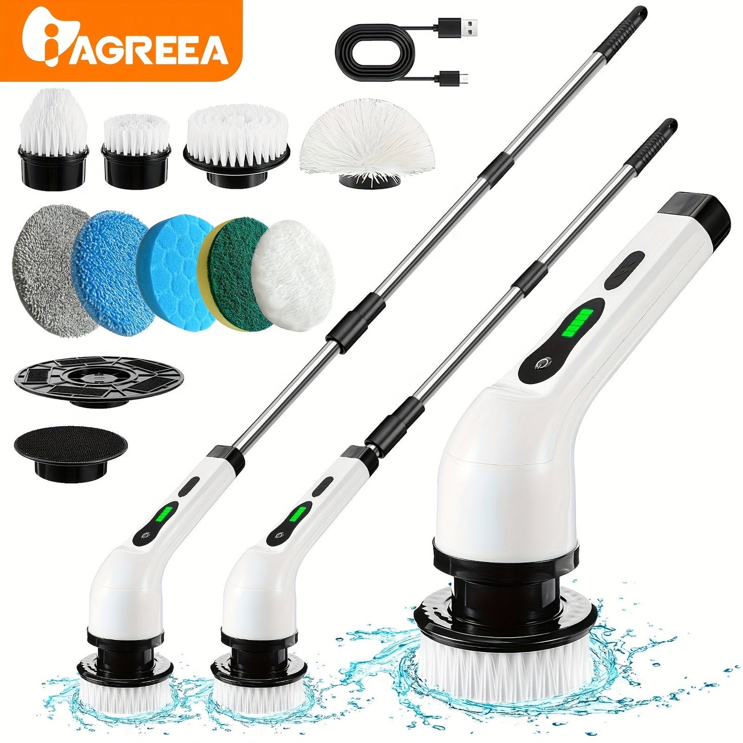 The electric cleaning brush features a rotary floor scrubber, wireless design, and 8 replaceable brush heads. With an adjustable extension handle and 360-degree rotation, this cordless cleaning brush is perfect for bathrooms and bathtubs. It includes a