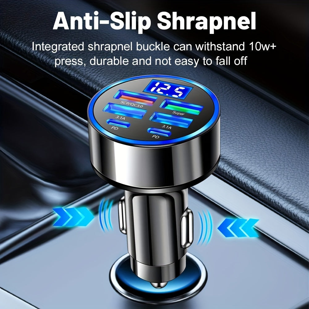 6-in-1 car charger with display, fast USB 3.0/3.1A charging, dual PD, universal compatibility for smartphones, tablets, and more.