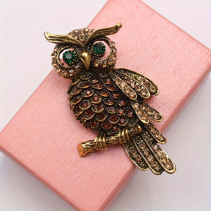 Vintage-Inspired Rhinestone Owl Brooch Pin - Edgy Punk Style Animal-Shaped Jewelry Accessory to Embellish Clothing