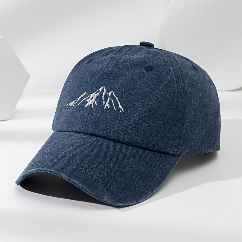 High-quality polyester baseball cap with mountain peak embroidery. Adjustable and breathable, ideal for outdoor activities.