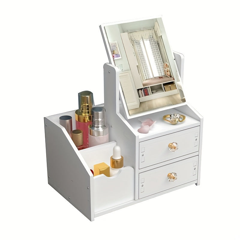 Countertop makeup organizer with mirror, drawer, and floral design for skincare products, iPhone holder, and lightweight use without electricity.