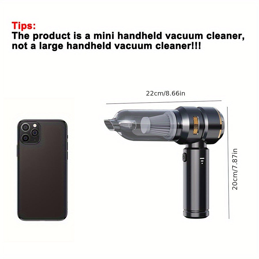 Compact and powerful, the 100W High-Power Handheld Mini Vacuum Cleaner is a versatile 4-in-1 cordless duster perfect for use in cars, homes, sofas, and keyboards. Featuring an adjustable 3-speed brushless motor, this vacuum is USB rechargeable and