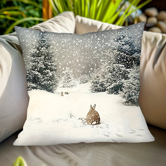 1pc Christmas pillowcase featuring a snow-capped winter landscape with a rustic pine white rabbit design, ideal for farmhouse-style home décor in bedrooms, living rooms, sofas, terraces, and porches. Measures 45.72 * 45.72 cm and does not include pillow