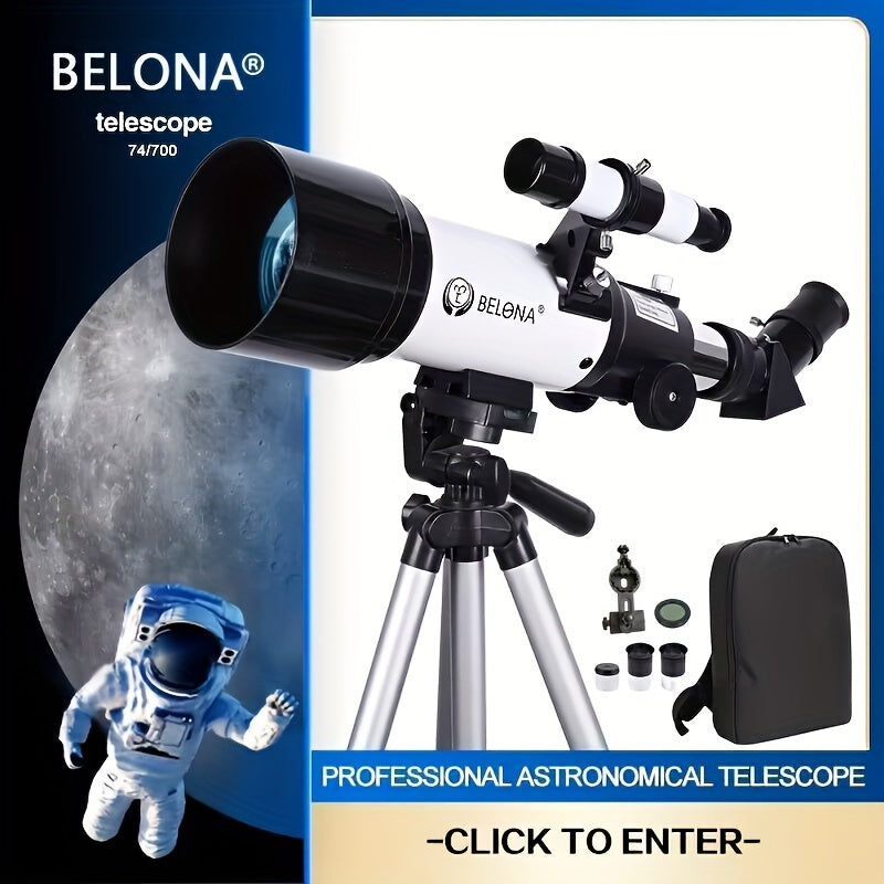 Adults' 70mm aperture 400mm AZ telescope for astronomy. Ideal for beginners and stargazing. Includes smartphone adapter and wireless remote.