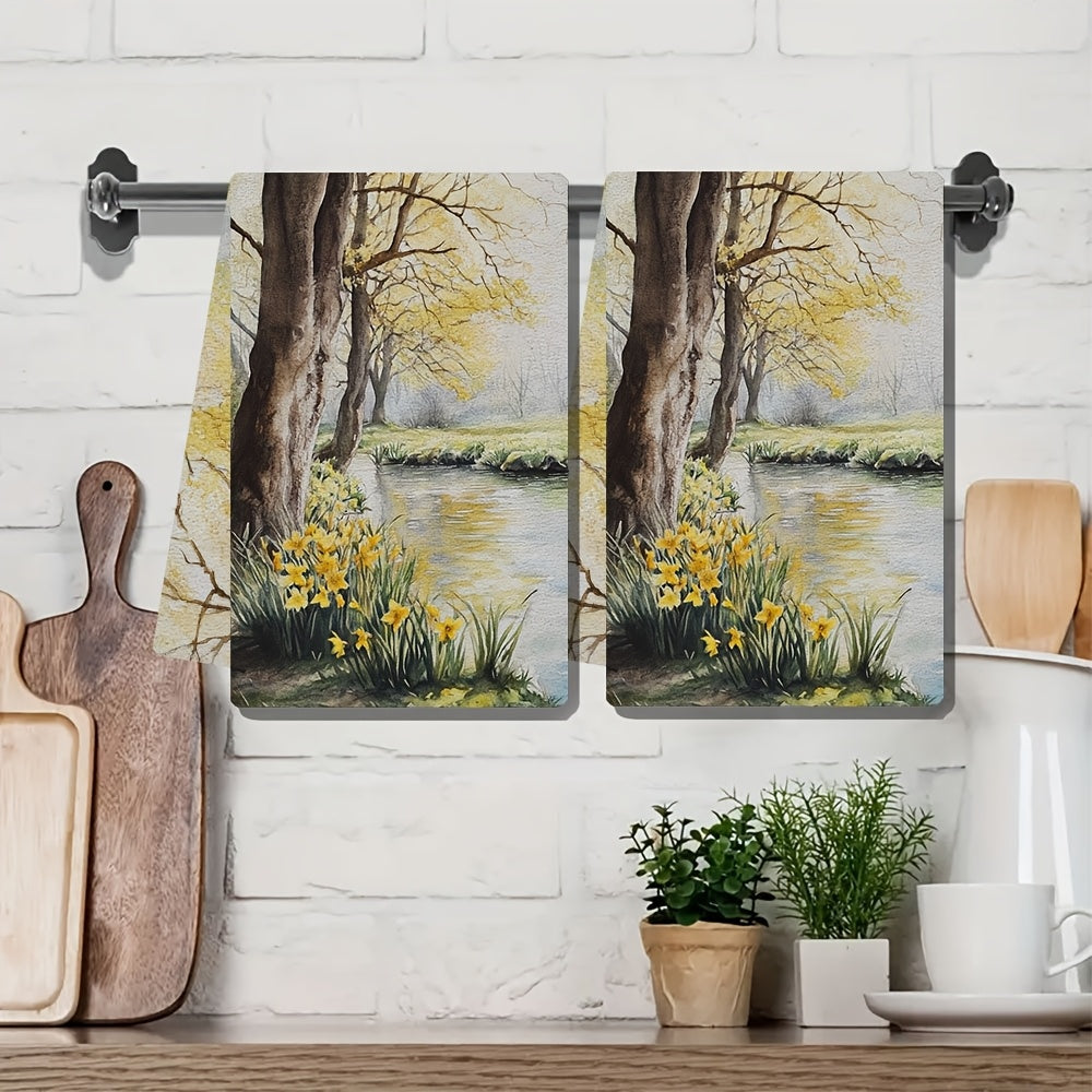 Set of 2 Ultra Soft Kitchen Towels featuring a "Spring Morning" Scenic Design showcasing Yellow Trees & Daffodils. These highly absorbent towels are machine washable, perfect for holiday decor. Measuring 40.64x60.96 cm, these absorbent dish towels are a