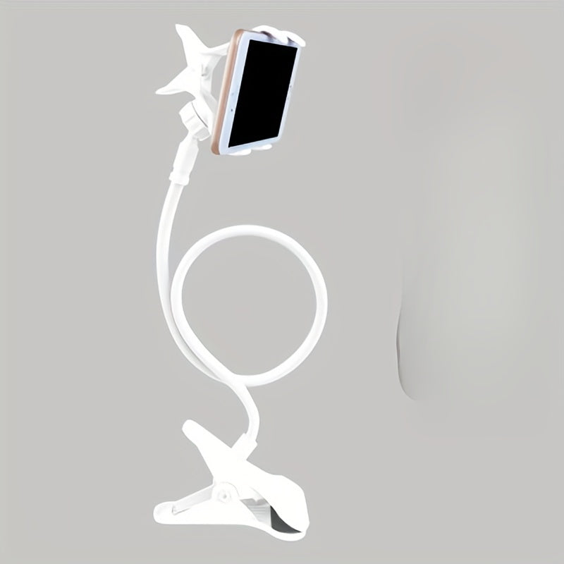 Adjustable gooseneck phone holder with claw clip - flexible stand for smartphone, 360° swivel mount for desk or wall, 63.5cm.