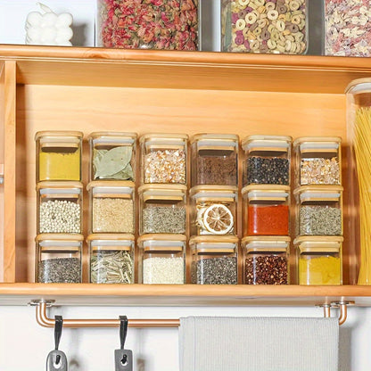 The bundle includes 12 glass spice jars with bamboo lids and labels, square containers perfect for storing seasonings. These jars come with secure lids and are made of lead-free glass, making them essential kitchen tools and accessories for keeping your