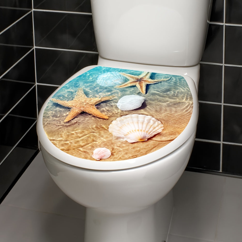 Ocean Beach Seashell Toilet Lid Cover Sticker, 39.88x34.8cm, for Sea Life Bathroom Decor, Self-Adhesive Waterproof Decal