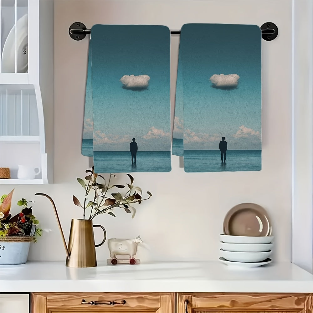 Two pieces of ultra soft kitchen towels featuring the "Solitary Cloud" sky design. These towels are highly absorbent and machine washable, making them perfect for drying dishes and hands. Add a touch of contemporary coastal decor to your kitchen with