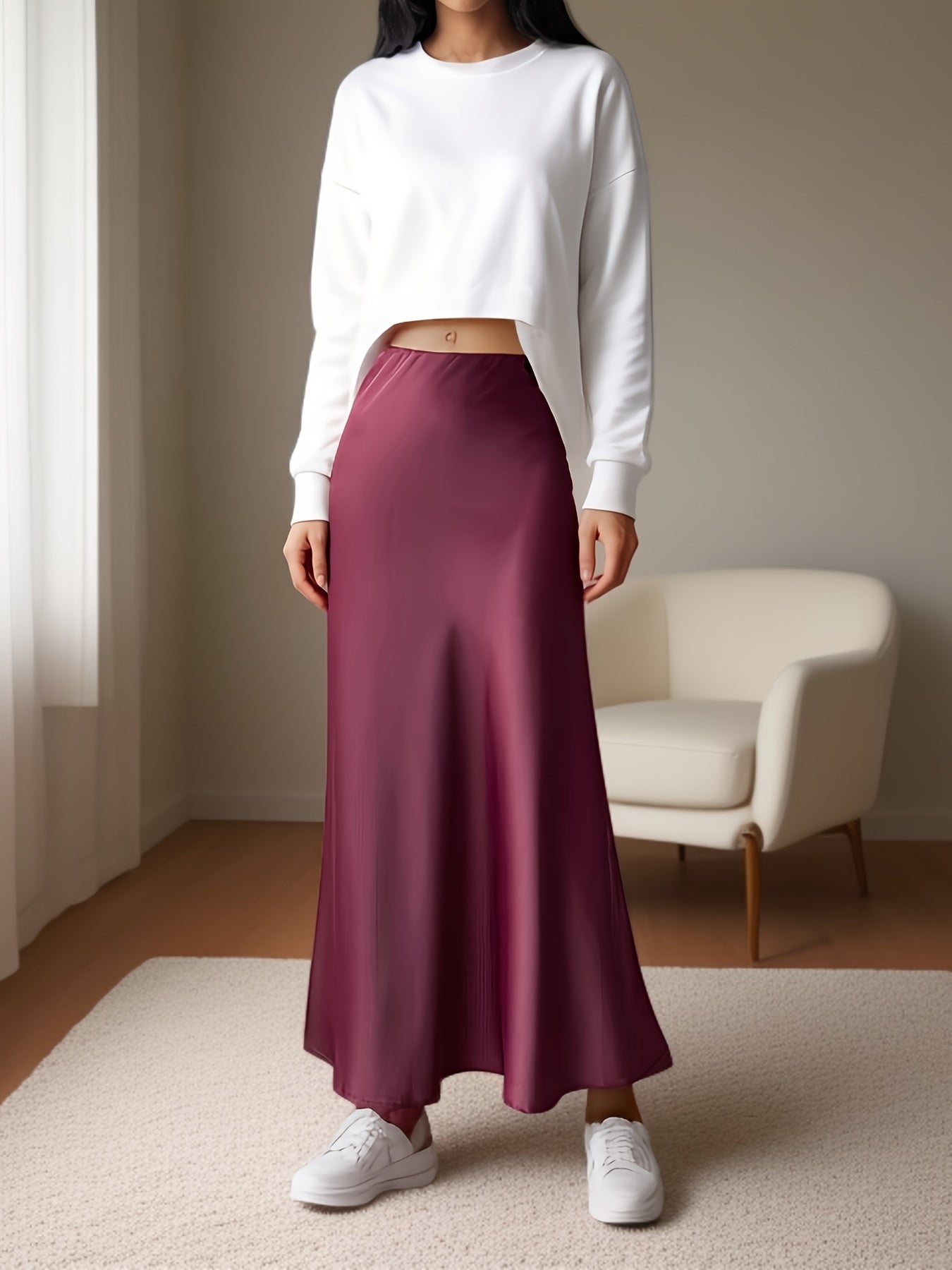 Stretchy imitation acetate satin midi skirt with fishtail design for women.