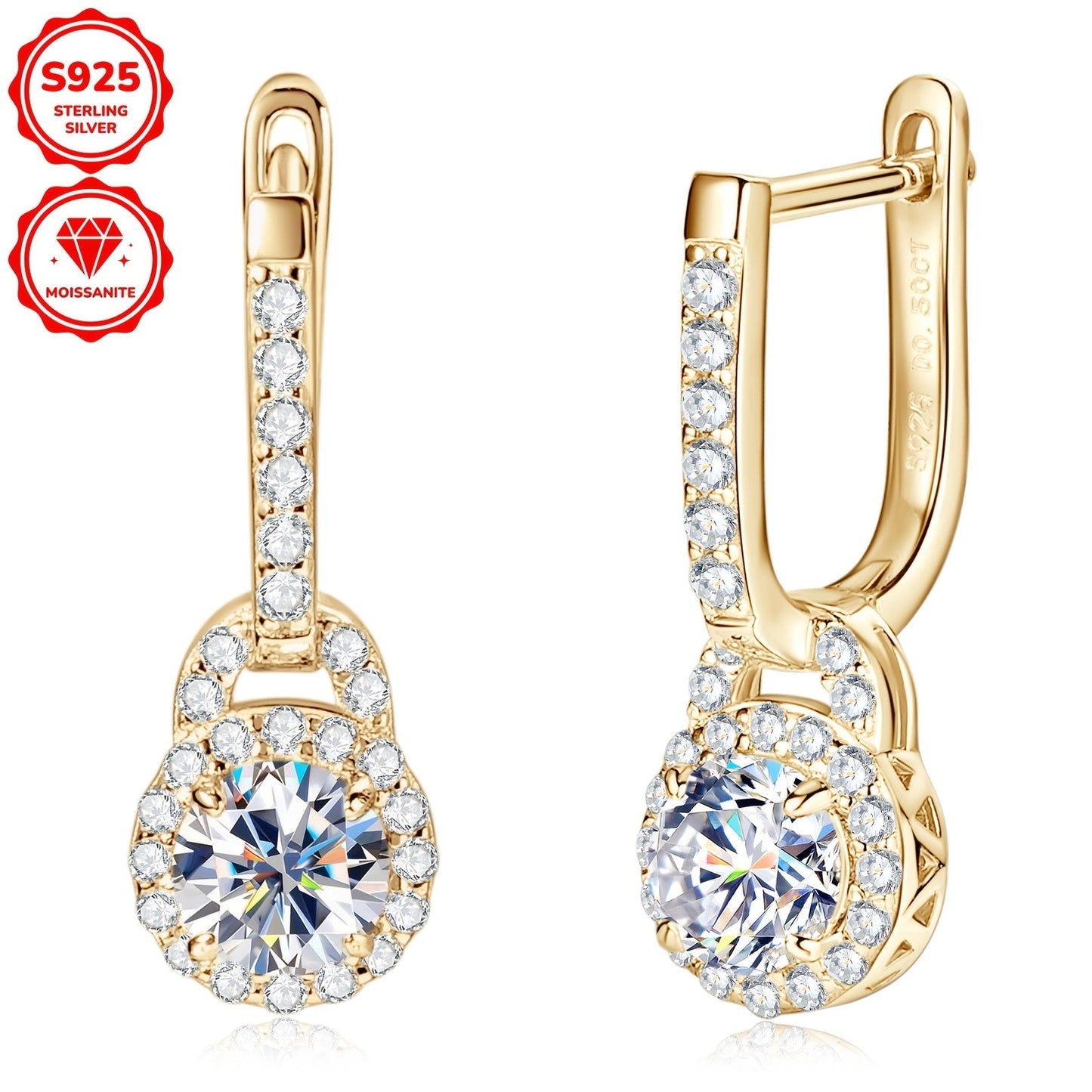 This pair of stylish hoop earrings is crafted from 925 sterling silver and features a beautiful silvery gram weight of 2.76g. Each earring showcases two dazzling Moissanite stones measuring 5mm, with a total carat weight of 0.5ct. The unique earring lock