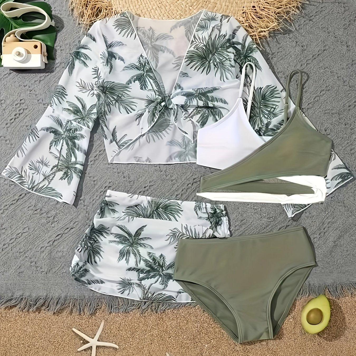 Coconut Tree Print 4-Piece Bikini Set with Layered Top, High Cut Panty, Cover Up Shirt, and Skirt Swimsuit - Women's Swimwear & Clothing