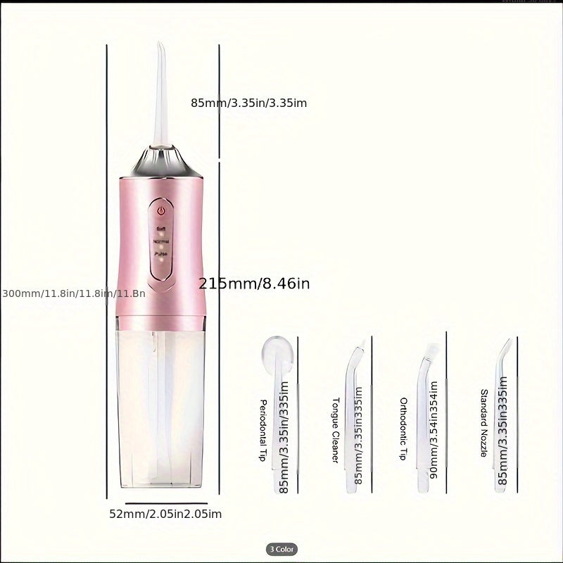 Rechargeable Electric Water Flosser with high-pressure jet tips for effective food particle removal, ideal for braces and hard-to-reach areas. Charges via USB with sleek pink design