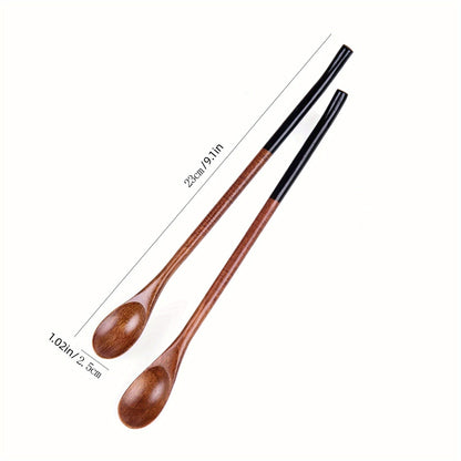 Long handle log coffee spoon set, including stirring spoon, honey spoon, small spoon, and wooden mouth spoon.