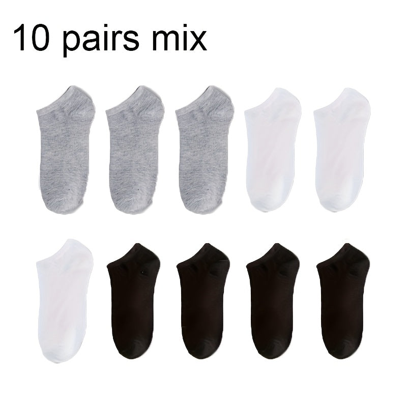 10 pairs of men's summer invisible boat socks in black, white, and gray. Odor-resistant, moisture-wicking, thin sports socks. Sweat-resistant.