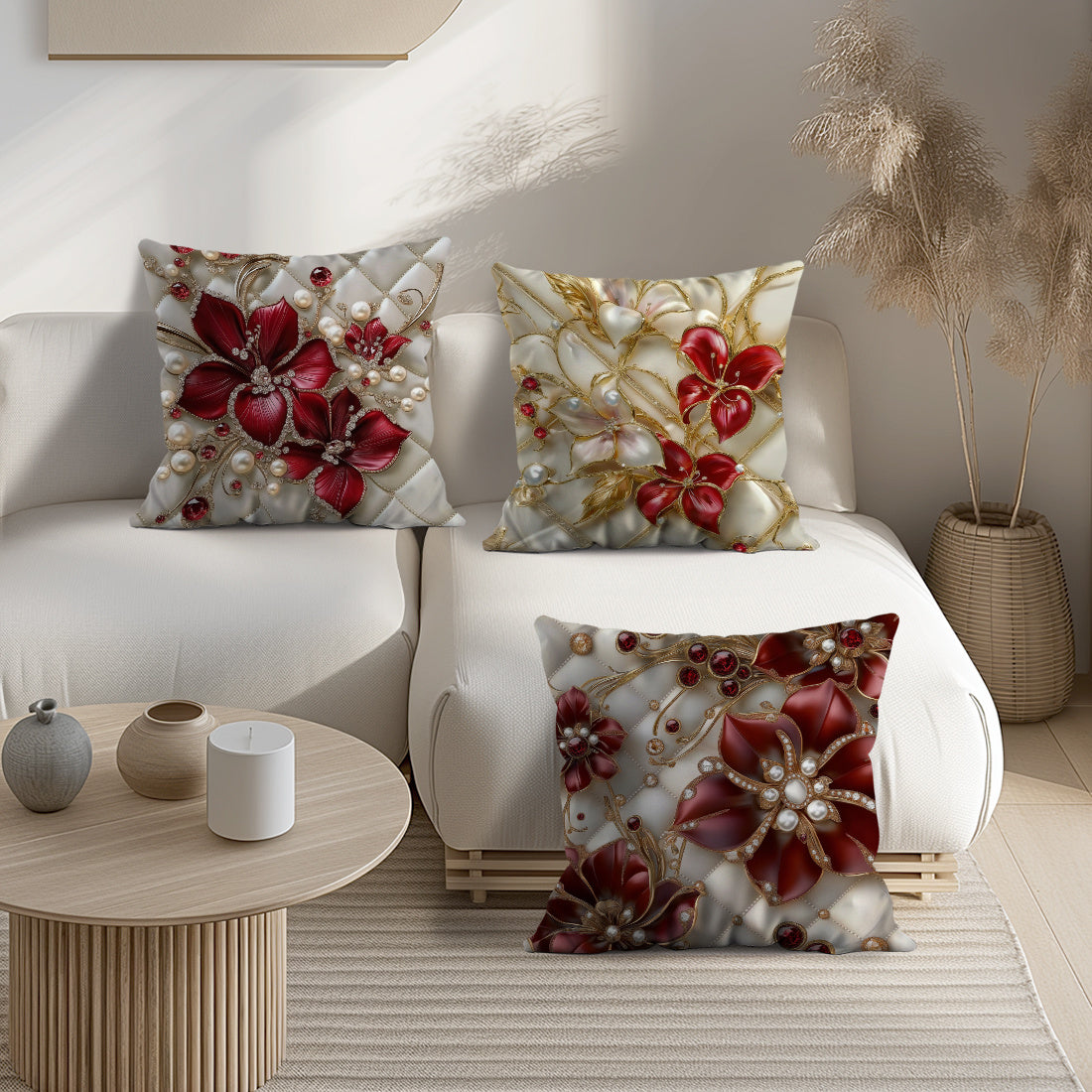 Single-side printed throw pillow cover with 3D floral pearl design, made of peach skin material, 45*45cm in size.