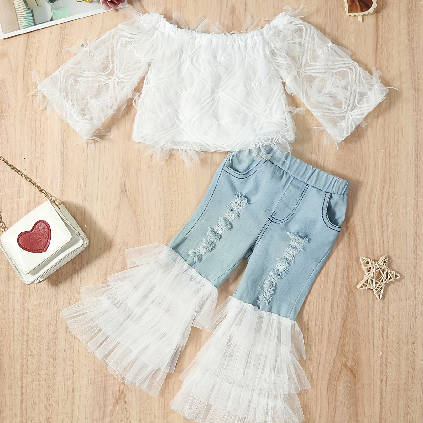 Stylish girls' summer outfit: off-shoulder white lace top with blue tulle flared pants set. Made of 100% polyester, machine washable. Perfect for outdoor wear.