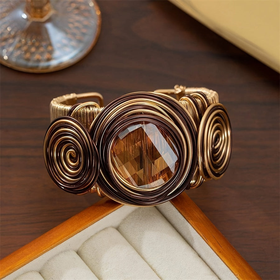 Handcrafted Boho Elegance: Adjustable Copper Cuff with Zirconia Stone, Wire-Wrapped, No Plating, Perfect for Parties and Vacations - Single Piece Pack