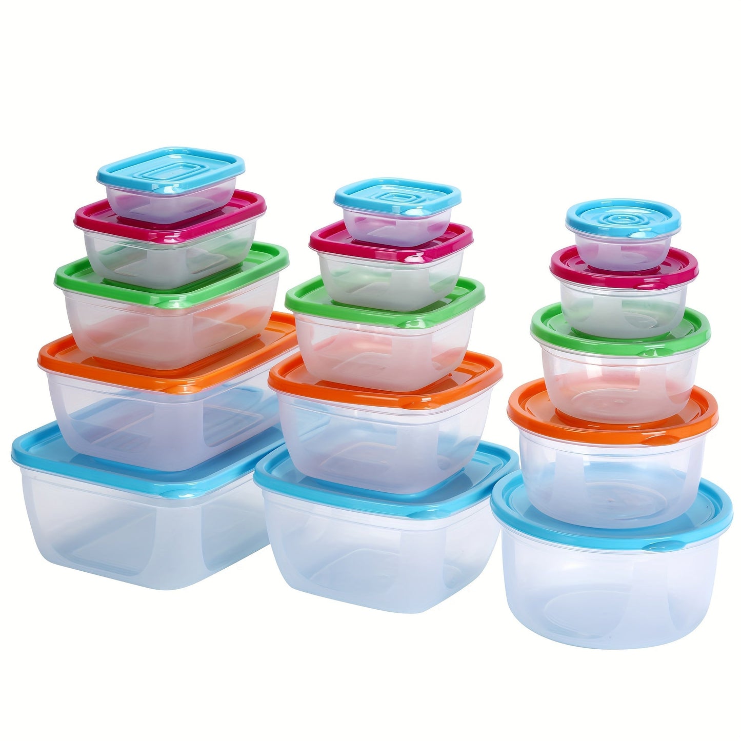 A collection of square and round plastic storage containers with airtight seals, perfect for keeping food organized in the refrigerator.