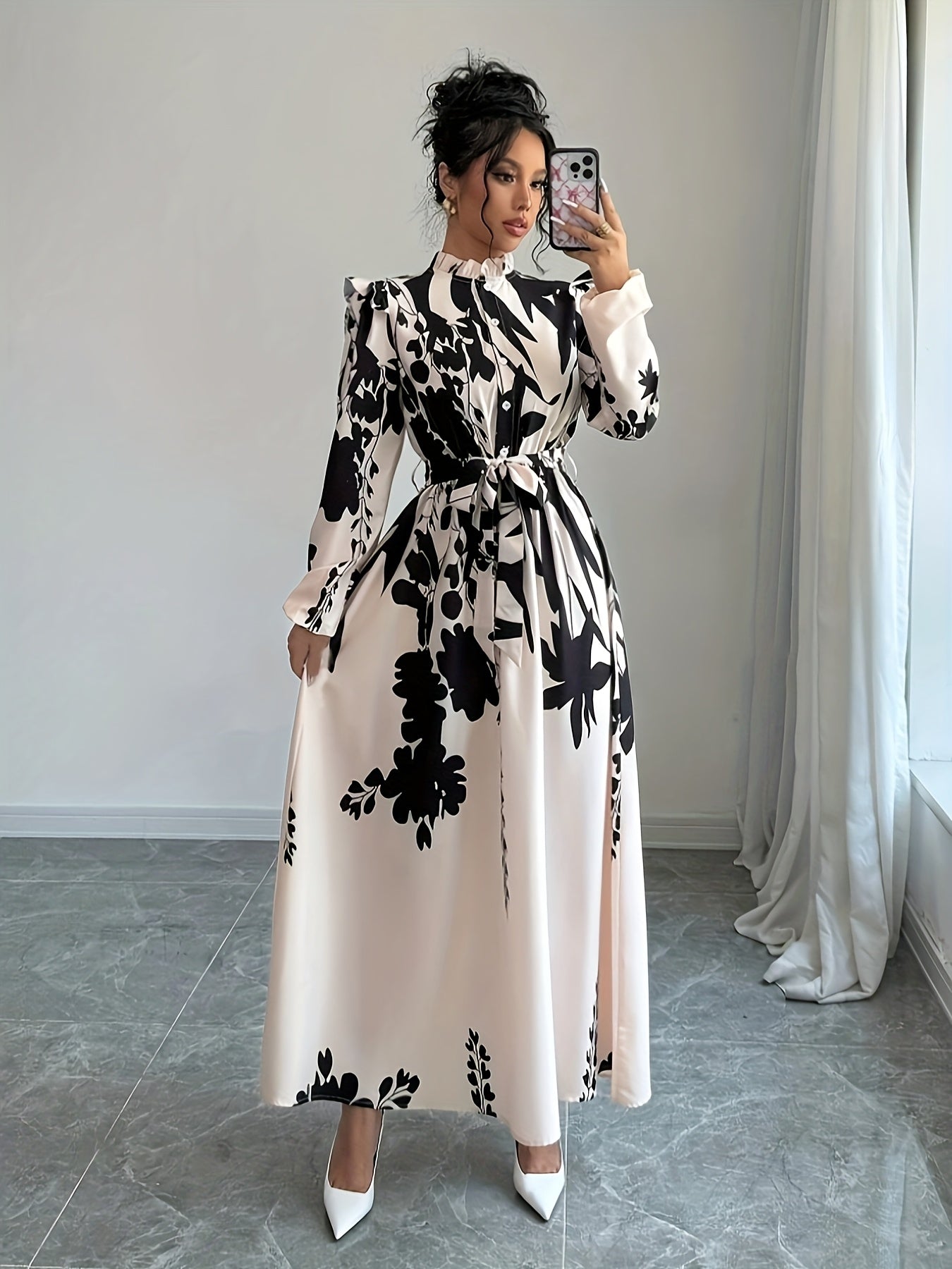 Elegant floral print maxi dress for women with long sleeves, mock neck, belt detail, and machine washable - Ideal for spring and fall.