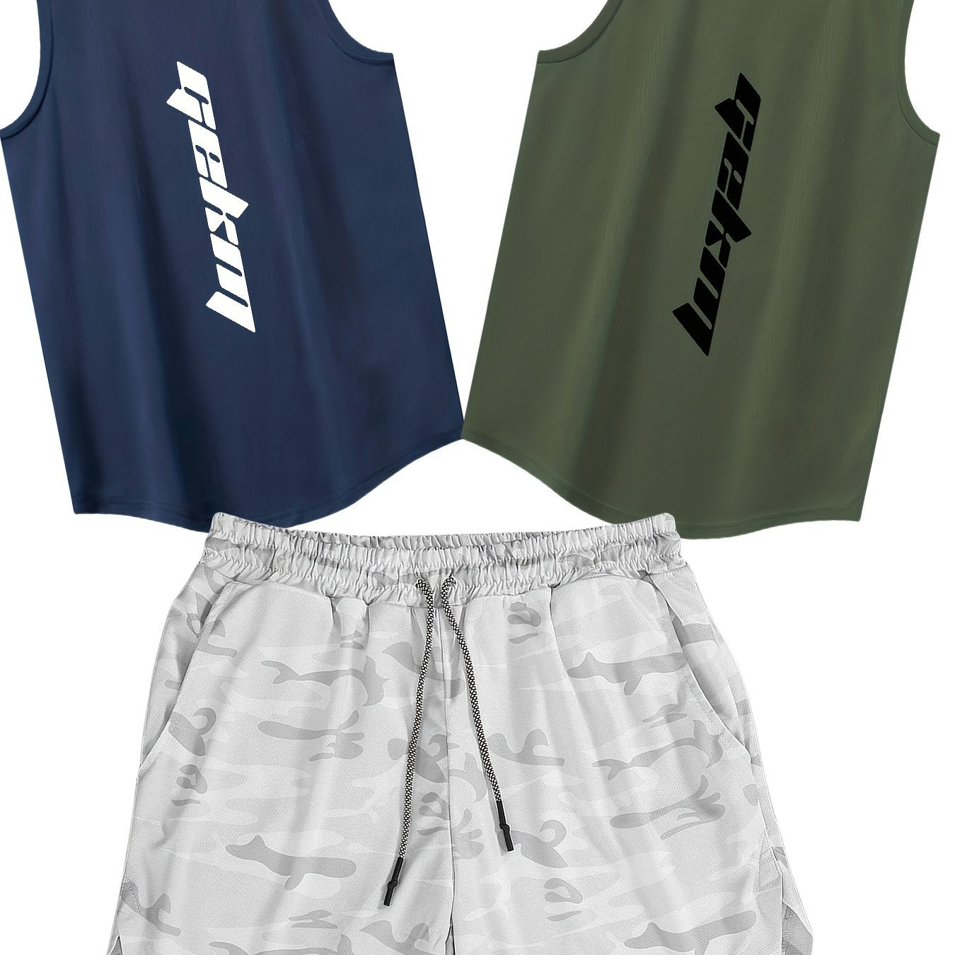 Men's Summer Fashion 3-pack of Sportswear, includes tank tops and drawstring shorts for casual, basketball, and fitness wear.