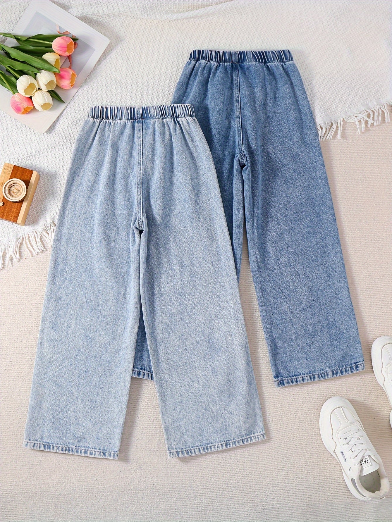 2-pack of girls' loose straight fit denim pants for all seasons