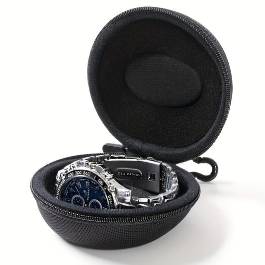 Black Round Mansike Portable Watch Case made of Polyester Fiber material with Fabric Lining, ideal for storing watches, accessories, and chargers.